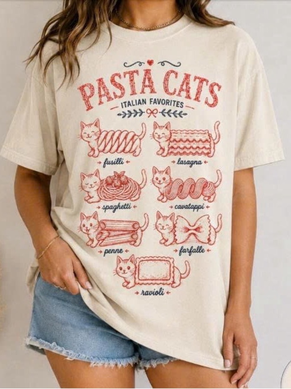 Gildan Cream Pasta Cats Graphic Tee, Casual Style For Everyday Wear